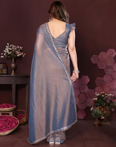 Yashika Women Soft Fandy Silk Saree With Hand Work Lace Boarder & Comes With Unstitched Blouse Piece | Latest Sarees Bollywood Sari | New Sarees (AZ-YS-OG-DHAMAKA GREY) 4