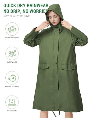 Venzina® Raincoat for Women High Waterproof Hooded Rain Jacket Zip-up Rain Coat Knee-length Lightweight Rainwear with Storage Pouch, Stylish A-line Poncho for Camping, Commutes, Travel, Green-L 3