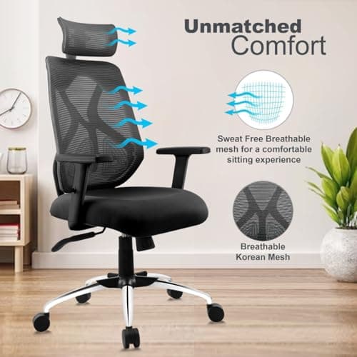 ASTRIDE Ergofit Ergonomic Office Chair for Home | 3-Years Warranty | 2D Headrest, Adjustable Arms & Lumbar Support | Tilt Lock Mechanism [Heavy Duty Chromium Metal Base, Black] 3