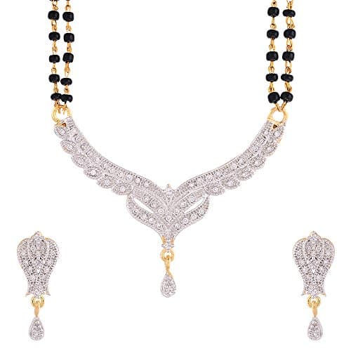 ZENEME Mangalsutra Gold Plated American Diamond Studded Tanmaniya Nallapusalu With Earrings Jewellery For Women (Style 7)