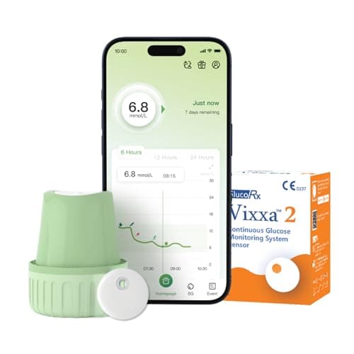 GlucoRx Vixxa 2 CGM Glucose Monitor Device| Real Time Blood Sugar Test Machine for Home | Glucometer Last upto 15 Days | Bluetooth Enabled | Highest Accuracy | Pack of 1
