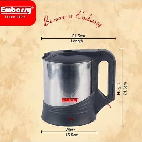 EMBASSY Electric Kettle Stainless Steel 1.7 L | 1000W | Superfast Boiling | Auto Shut-Off | Boil Dry Protection | 360° Rotating Base | 2 YEAR WARRANTY | Silver and Black 2