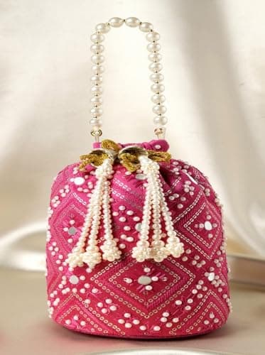 ATHZ potli Rani color || Mirror Work damru shaped || white beads embellishment potli bag for women || Wedding | Party | Anniversary || return gifting 2