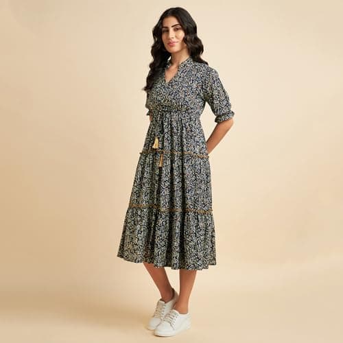 Azira 100% Cotton Printed Fit & Flared Mandarin Collar Midi Dress | Casual Dress | Dress for Woman | Summer Dress Blue 3