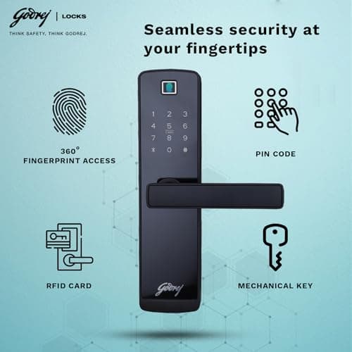 Godrej Smart Lock I Catus Connect I Digital Lock for Wooden Door |5 in 1 Access IWiFi I Fingerprint I RFID Card I PIN Access I Mechanical KeyI 3 Dead Bolts I Black I 3 Yrs Warranty 4