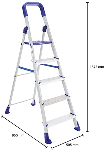 amazon basics Clamber Pro - Foldable Step Ladder, Firm Grip, 5 Steps (Aluminium Steps, Blue & Satin) 5