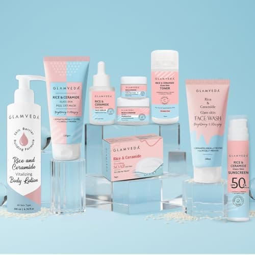 Glamveda Korean Rice & Ceramide 9 Step Skincare Routine For Women & Men | Face wash, Peel Off Mask, Toner, Serum, Under eye Cream, Moisturizer, Sunscreen, Body Lotion & Soap | Skin Brightening