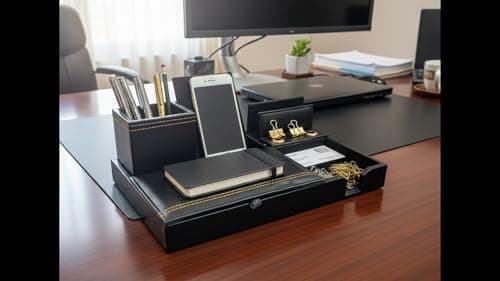 HIGHREAD Premium Leather Desk Organizer, Black, Stationery Holder with Multiple Compartments, Office Accessories Storage Tray 4