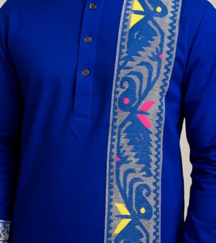 Boys' Traditional Jamdani Border Cotton Kurta with Silk Dhoti Set, Ages 2-14 Years, (Blue, 7-8 Year) 5
