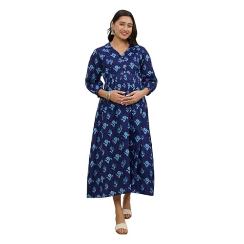 MomToBe Cotton Maternity Feeding Kurti Dress for Women | Pregnancy Dress with Concealed Zippers for Nursing | Comfortable Calf-Length Outfit for Office (Navy Blue, Medium)