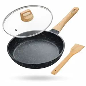 Lifelong Die-Cast Fry Pan 24cm with Glass Lid & Wooden Spatula | 1.3Ltr, 0.75kg Pan | Gas Stove and Induction Friendly | Non-Stick Pre-Seasoned 100% Toxin & Teflon Free & Durable | Skillet for Cooking