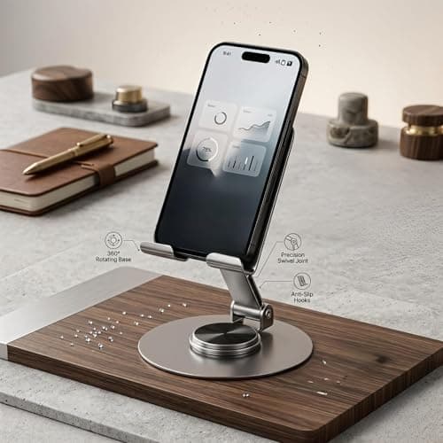 Metal Mobile Phone Stand for Desk | Adjustable 360 Degree Rotating Foldable Holder for iPhone Android Smartphones | Anti Slip Stand for Video Calls Office Work 2