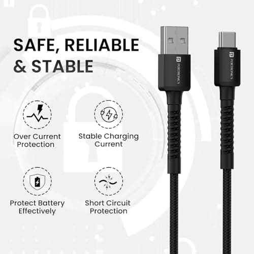 Portronics Konnect X USB to Type C Cable with 3A Output, Fast Charging & Data Transfer, Nylon Braided, Aluminium Alloy Shell, 1M Length compatible with Type C Smartphones(Black) 2