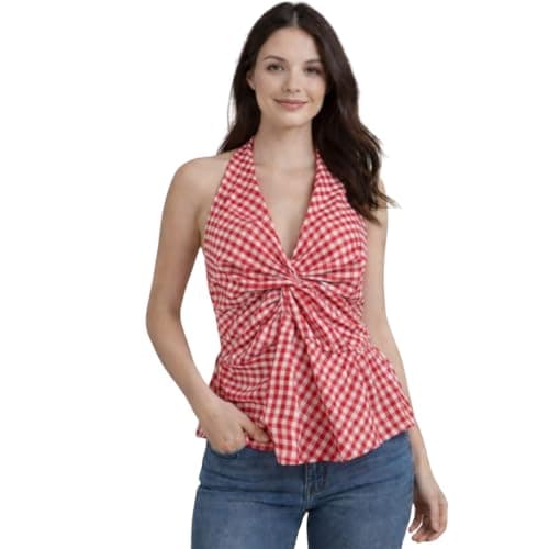 Muhib Women’s Halter Neck Sleeveless Cotton Top | Black & White Gingham Check Twist Front Summer Top | Stylish Casual Crop Blouse for Women (in, Alpha, S, Regular, Red-White Dotted)