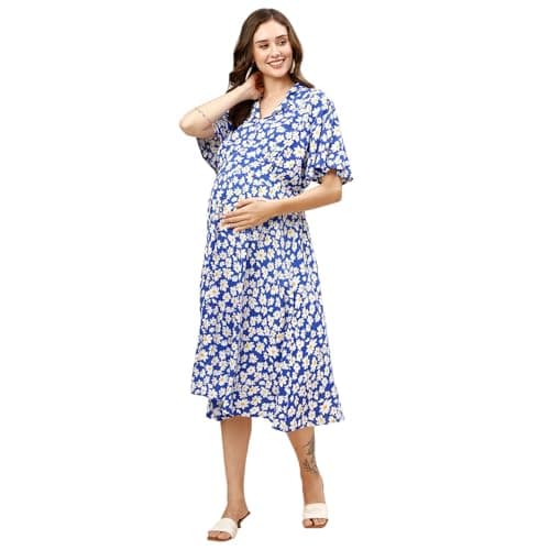 MomToBe Women Fit And Flare Midi Rayon Maternity /Pregnancy /Easy Breastfeeding /Feeding Dress/Western Dress with Zippers for Nursing Pre and Post Pregnancy (Dark Blue ; X-Large)