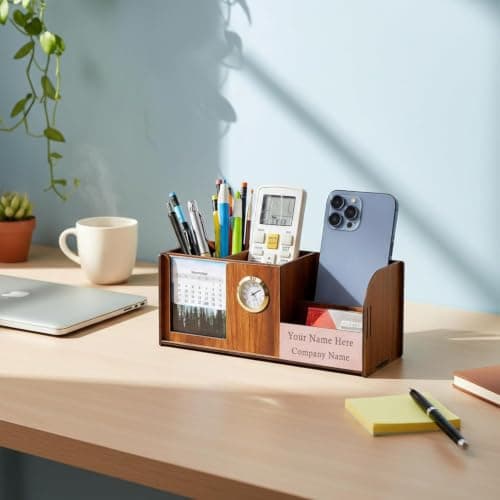 Deskart Personalized Pen Holder Stand with Clock, Two Years Calendar, Business Visiting Card & Mobile Holder | Multipurpose Desk Organizer with Name Engraving for Office Desk and Gifting 2