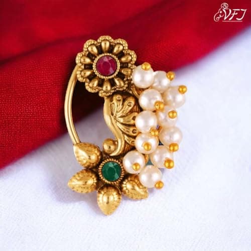 Vighnaharta Gold Plated with Pearl Alloy and Artificial stone Non Piercing Maharashtrian Nath for women (VFJ1182NTH-Press) 3