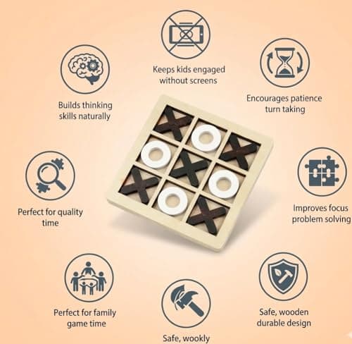 Wooden Tic Tac Toe Board Game (18x18cm) Classic XOXO Strategy Puzzle for Kids & Adults Portable Travel Size Brain Teaser Perfect Birthday & Festival Gift Item Random Color (1 Piece) 4