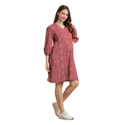 MomToBe Women's Maternity Dress Cotton Feel | Knee Length Pregnancy & Feeding Dress with Zippers | Baby Shower & Nursing Gown for Women (Dark Red ; Large)
