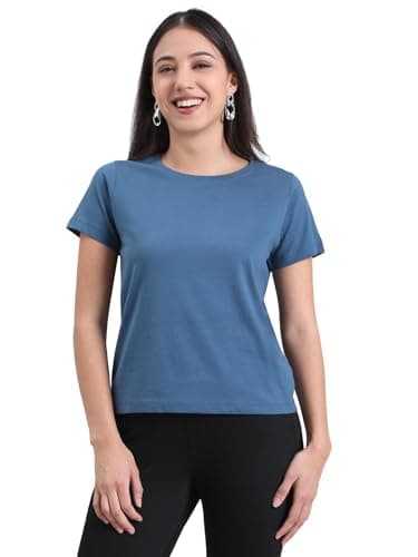 Go Colors Cotton Jersey T-Shirt for Women | Crew Neck, Half Sleeves, Slim Fit, Casual Wear | (Jeans Blue, 2X)