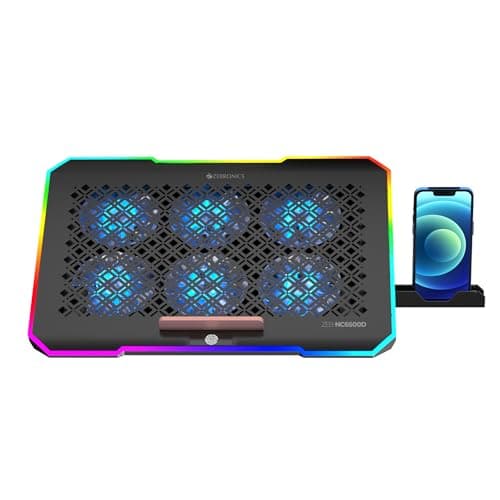ZEBRONICS NC6500D Laptop Cooling Pad with Support up to 17 inch (43.18 cm) Laptops, Hexa Fans, Speed Control, RGB LED, Detachable Mobile Holder, 5 Step Retractable Stand, Built in USB Ports (Black) 2