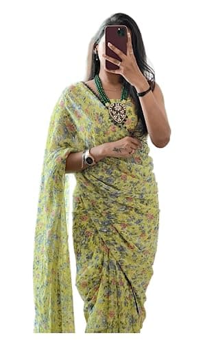 Sidhidata Women's Georgette Printed Ready To Wear one Minute Saree With Unstitched Blouse Piece (1000 Butty Yellow_Yellow_Free Size)