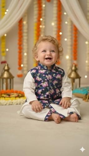 A.T.U.N. (ALL THINGS UBER NICE) Baby Boys Pure Cotton Ethnic Kurta Pyjama Set with Printed Nehru Jacket | Traditional Indian Festive Clothing Set for Infants | Elegant Wedding Celebration Outfit 2