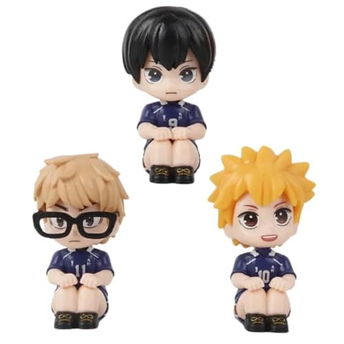 Blue Aura Haikyuu Action Figures Set of 3 Chibi Style Height-7cm Multi Colour PVC | Boys Mini Sitting Set of 3 Haikyuu Blue Team