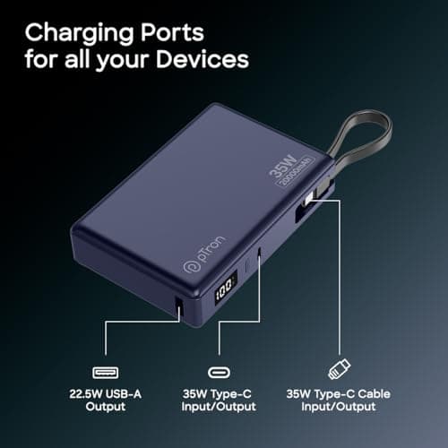 pTron Dynamo Sprint 20000mAh 35W Super Fast Charging, USB Type-C Input Power Bank Compatible with QC3.0/PD3.0, Built-in Charging Cable, 3 Charging Outputs, Type-C Input/Output Port (Indigo Blue) 4