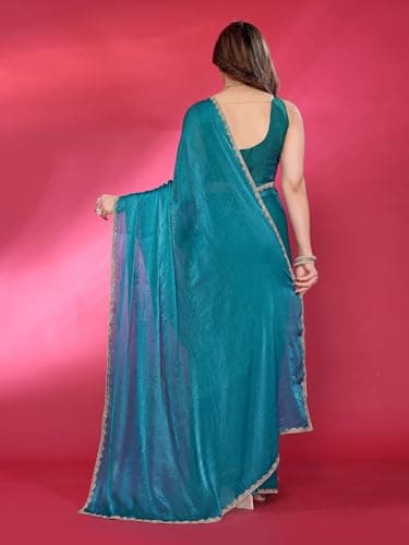 ROOP SUNDARI SAREES Women's Soft Fandy Fancy Silk Saree With Hand Work Lace Boarder & Comes With Unstitched Blouse Piece | Latest Sarees Bollywood Sari | New Sarees (Firozi) 5