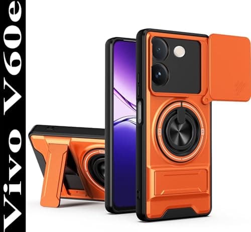AeoFit Back Cover for Vivo V60e 5G | Armor Camera Slider 360 Degree Rotating Finger Ring Holder Case with Bracket Stand & Camera Protection Back Case Cover for Vivo V60e 5G (Orange) 2