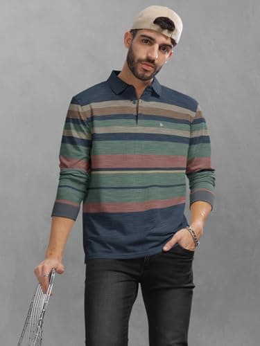 BULLMER Striped Textured Printed Polo Neck Fullsleeve T-Shirt with Rib for Men_Green_Medium 5