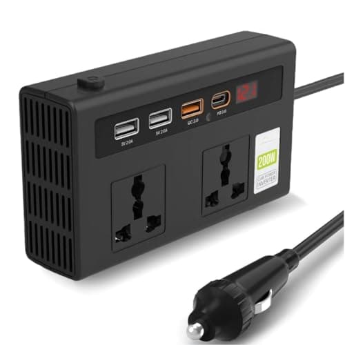 STARQ - 200W Car Laptop Charger/Power Inverter with 3 USB (3.1A Max) + 1 C Type(24 W PD) Smart USB Charging Ports, 12V DC to 220V AC, 2X Universal AC Outlet (Double-Plug)