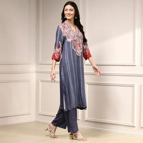 Biba Women's Blue Viscose Rayon Straight Printed Suit Set 4