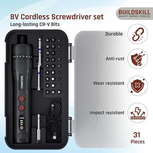 BUILDSKILL 8V cordless screwdriver set - 31 pieces | S2 & CR-V magnetic bits & chuck | forward & reverse function | 1600mAH battery | USB C type charging cable - ideal for DIY & professional use 2