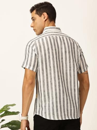 Thomas Scott Mens Half Sleeves Cotton Linen Striped Casual Shirt (TS1375_Black, 2XL) 4