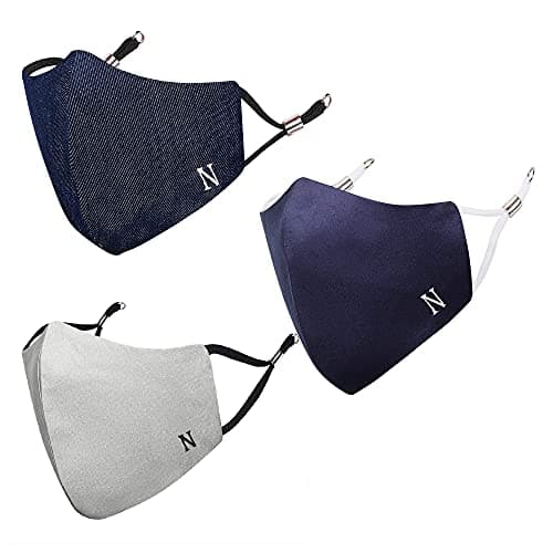 MASQ By Q-One Alphabet-N 4 Layer, Reusable with Ear Adjusters, Anti-Bacterial Cotton Cloth Face Mask Combo for Unisex, Men, Women (Large, Navy-Grey-Denim, Without Valve, Pack of 3)