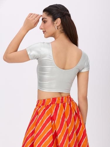 Plus Size Round Neck Stretchable Shimmer Blouse | Women Silver Blouse Short Sleeve 2