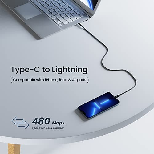 Ambrane Type-C to Lightning USB Cable, 22.5W Fast Charging, 480Mbps Data Sync Cable Compatible with iPhone, iPad, Macbook, iMac, AirPods, 1.25m (RTL-125 Black) 3