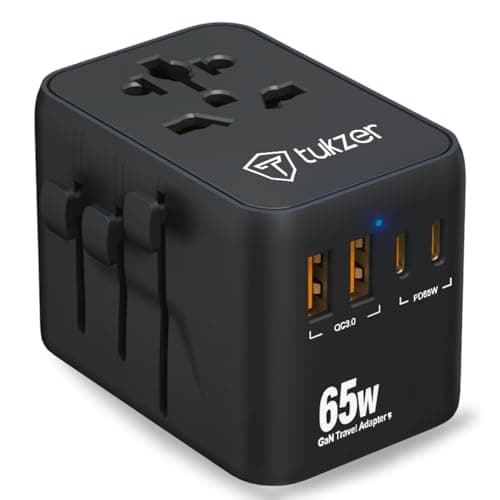 Tukzer 65W Universal Travel Adapter, GaN Fast Charging Adapter with 2 Type C & 1 USB Ports, Universal Plug Socket, All in One International Travel Adapter for Laptop/MacBook & Mobile Charging- Black
