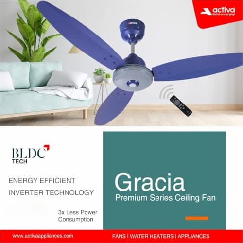 ACTIVA Gracia 1200mm BLDC Ceiling Fan with LED Light, 28W Energy Saving BEE 5 Star Rated Motor, 3 Wider Blades, Full Remote Control, Silent Operation come with 5 Year Warranty (Sparkle Blue) 4