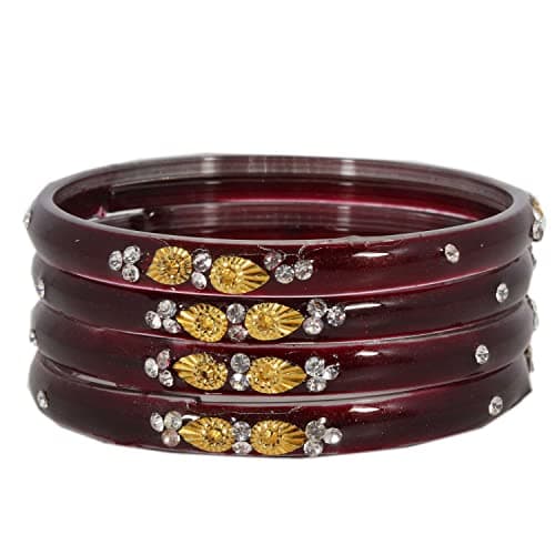 NMII Glass with Zircon Gemstone and Beads Studded Glossy Finished Kada For Women and Girls, Pack of 4, (Maroon_2.6 Inches) 3