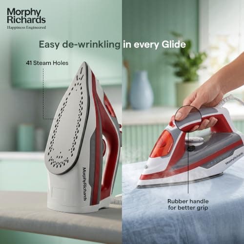 Morphy Richards Ultra Glide 1600W Steam Iron with Steam Burst, Vertical and Horizontal Ironing, Teflon Coated Soleplate, Red and White 3