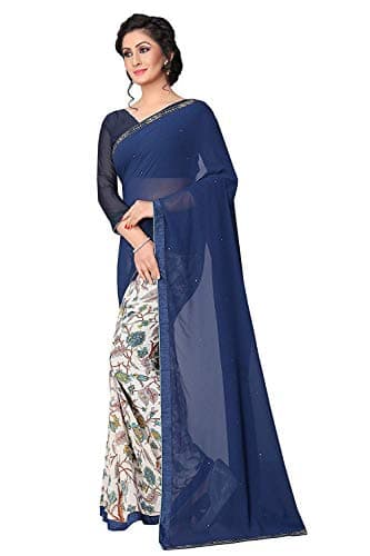 RAJESHWAR FASHION WITH RF Women's Half &Half Georgette Printed Saree With Lace & Blouse(A29 BLUE_Free Size) 2