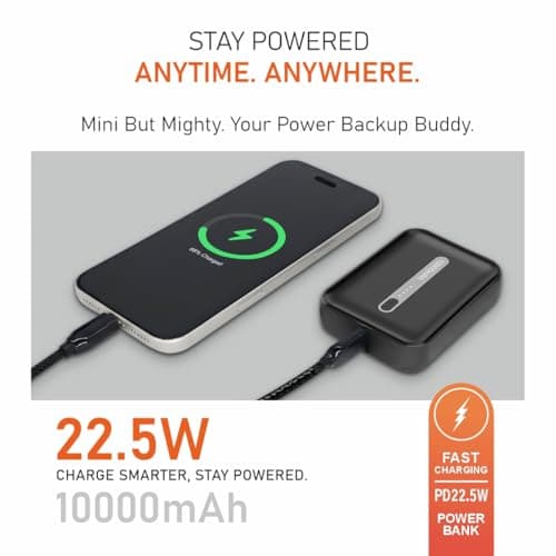 Muvtech Zip 10 Pocket Size 10000mAh Mini Power Bank, 22.5W Fast Charging, Dual Output USB-A & Type-C Ports, Compact Pocket Size, LED Indicators, Travel Friendly, Portable (Black) 5