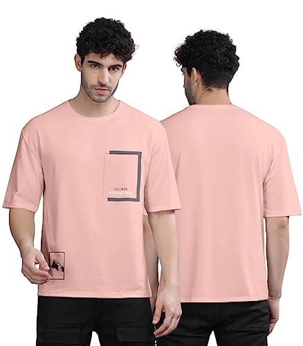 BULLMER Trendy Front Printed Oversized Round Neck T-Shirt for Men - Peach/Medium