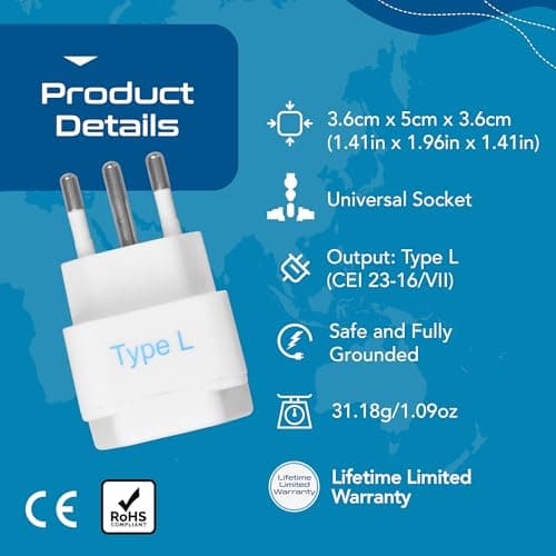 Ceptics India to Italy, Libya, Chile & More (Type L) Travel Adapter Plug - CE Certified - RoHS Compliant - 3 Pack (GP-12A-3PK) 4