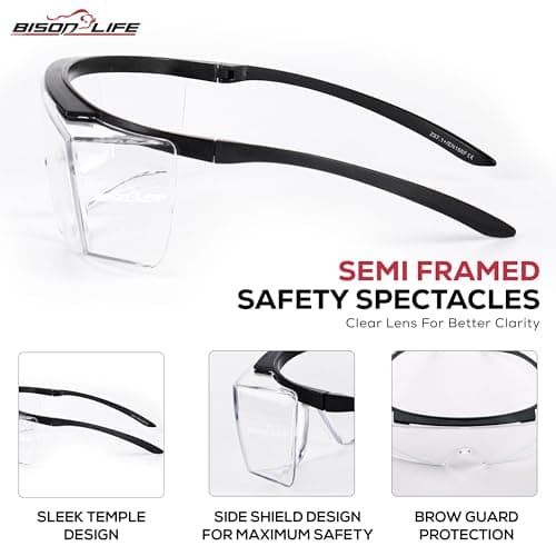 Bison Life VisonSafe Duarte Safety Goggles, Clear Anti-Scratch Anti-Fog Lens with Black Frame, UV400 Impact-Resistant Over-Glasses for Industrial & Laboratory Use – Pack of 1 3