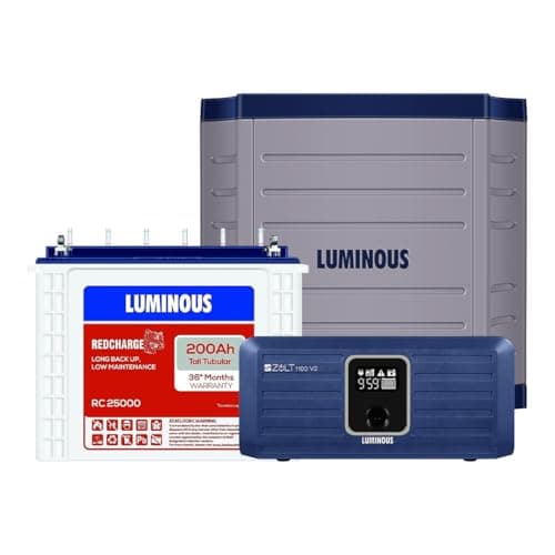 Luminous Inverter & Battery Combo with Trolley for Home, Shop & Office – Zolt 1100 (900VA/12V) Pure Sine Wave Inverter + RC25000 200Ah Tall Tubular Battery | 36M Warranty on Inverter & Battery
