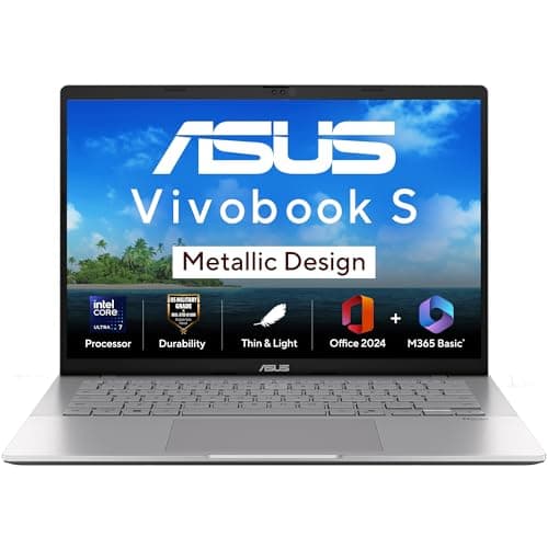 ASUS Vivobook S14, Intel Core Ultra 7 255H, 16GB RAM, 512GB SSD, FHD+ 14", Windows 11,Office Home 2024 M365 Basic (1Year)*, Cool Silver, 1.4Kg, S3407CA-LY084WS, Intel Arc iGPU, Metallic Design Laptop